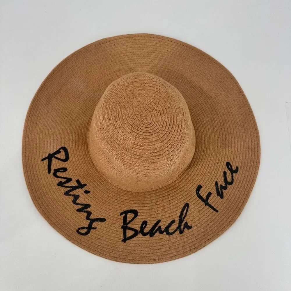 Vivian Collection Straw Wide Brim Floppy Sun‎ Hat Resting Beach Face Tan Black